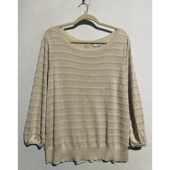 LOFT Sweater Womens XL Beige Pointelle Striped Puffy Sleeve Lightweight Feminine - Picture 1 of 8